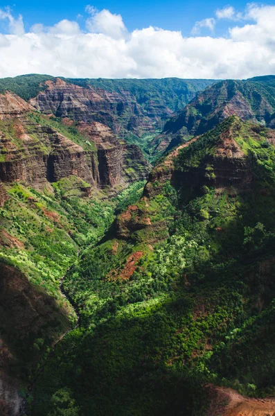 Beau canyon vert foncé, chaîne de montagnes et ciel nuageux à Kauai, États-Unis — Photo