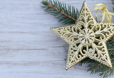 Noel sahne. Ladin ve yıldız hafif bir arka plan üzerinde yeşil fışkın.