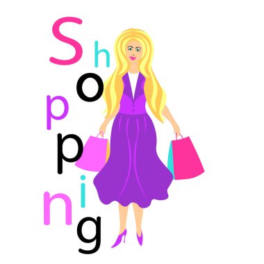 İllüstrasyon renk. Alışveriş ile moda kız.