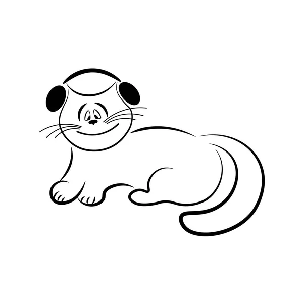 白い背景の黒い輪郭でヘッドフォンで面白い猫 — ストックベクタ