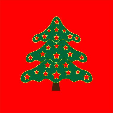 Noel. Parlak kırmızı zemin üzerine kesilmiş yıldız ile yeşil Noel ağacı. Vektör.