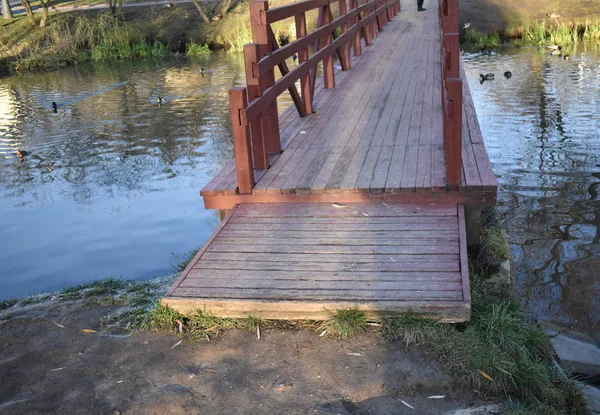 Wooden bridge among the lake against the landscape.