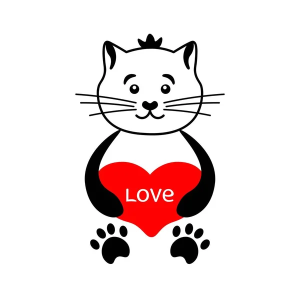 Roztomilý Kočka Červeným Srdcem Nápis Love Valentine Pohlednice Ilustrace — Stockový vektor