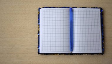 Arka plan doku. Yakın çekim defter. Açık, temiz, sayfaları bir defter bir kalem ile.