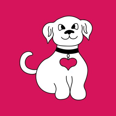 Renkli resimde. Beyaz göğüs parlak arka plan üzerinde kırmızı kalpli şirin köpek.