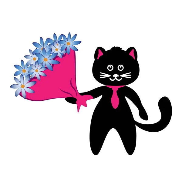 Roztomilý Kočka Černé Barvě Světlé Kytice Květů Bílém Pozadí — Stockový vektor