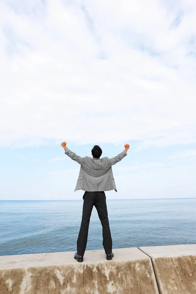 Smiling Asian Businessman Sea — Stock Photo, Image