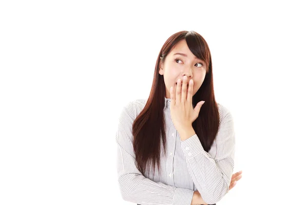 Young Woman Laughing Hands Her Mouth — Stock Photo, Image