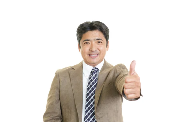 Šťastný Obchodní Muž Ukazuje Palec Nahoru Znamení — Stock fotografie