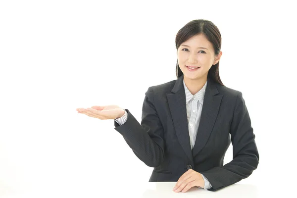 Business Woman Showing Something Palm Her Hand — Stock Photo, Image