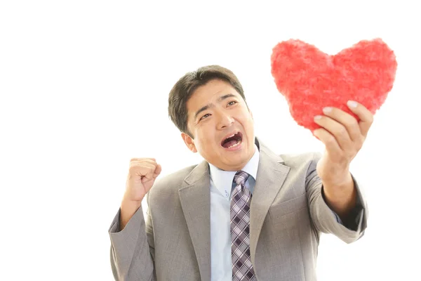 Homem Sorridente Com Coração Vermelho — Fotografia de Stock