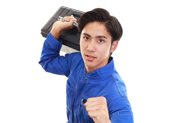 Sorrindo Homem Asiático Trabalhador Vestindo Uniforme Azul — Fotografia de Stock