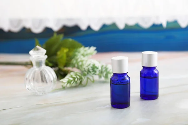 Bottles Essential Oil Table — Stock Photo, Image