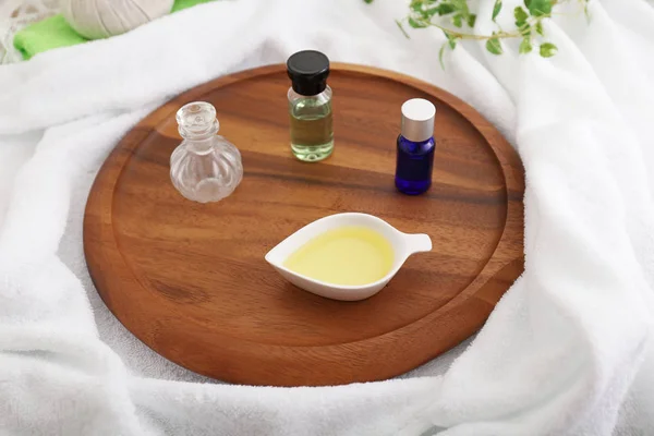 Bottles Essential Oil Wooden Tray — Stock Photo, Image