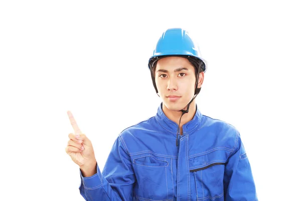 Asian Worker Pointing Isolated White Background — Stock Photo, Image