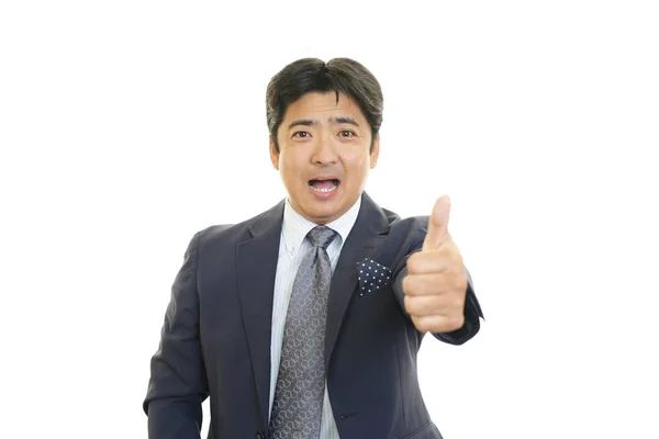 Azjatycki Biznes Człowiek Pokazuje Kciuk Górę Znak — Zdjęcie stockowe