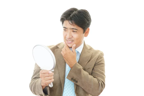 Asian Man Looking His Face Mirror — Stock Photo, Image