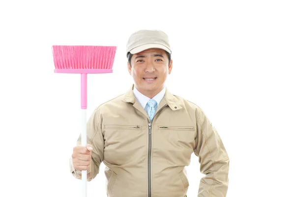 Smiling Asian Janitor Posing Cleaning Supplies White Background — Stock Photo, Image