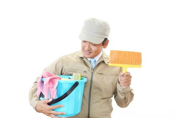 Smiling Asian Janitor Cleaning Supplies — Stock Photo, Image