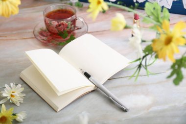 Kalem ve defter masanın üzerinde..