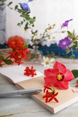 Not defteri ve kalem masanın üstüne