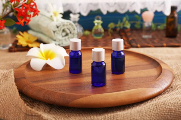 Bottles Essential Oil Table — Stock Photo, Image