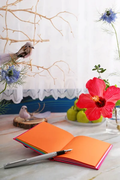 Masanın üzerinde defter ve dolma kalem