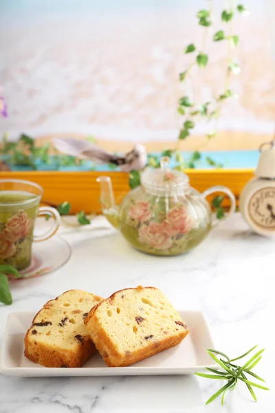 Deliciosos Doces Chá Ervas Mesa Jantar — Fotografia de Stock