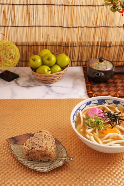 Japanese Cuisine Udon Noodles Rice Ball — Stock Photo, Image