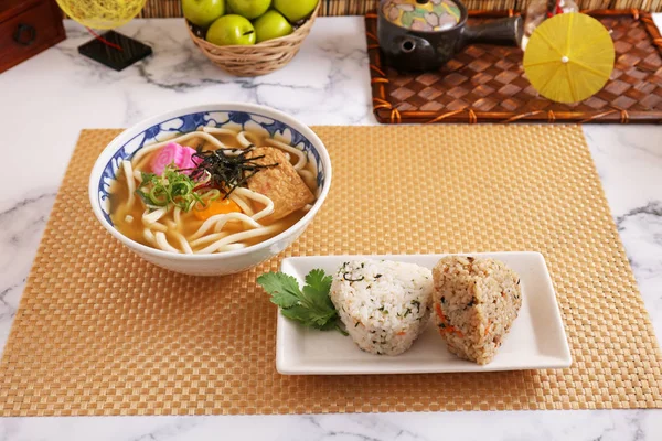Japanese Cuisine Udon Noodles Rice Balls — Stock Photo, Image