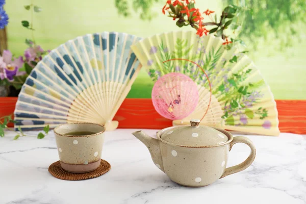 Uma Xícara Chá Verde Japonês Com Panela — Fotografia de Stock