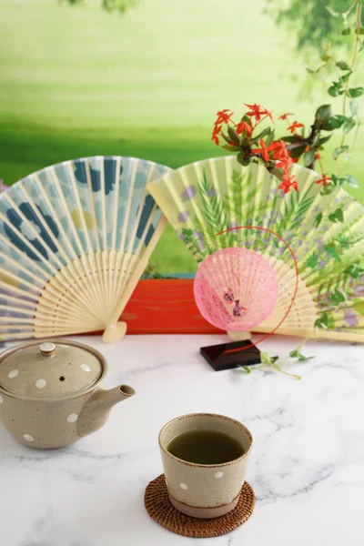 Ένα Φλιτζάνι Γιαπωνέζικο Πράσινο Τσάι Κατσαρόλα — Φωτογραφία Αρχείου