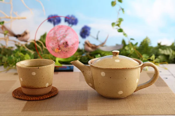 Een Kopje Japanse Groene Thee Met Pot — Stockfoto