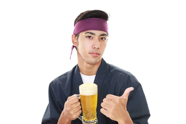 Japanese Chef Holding Mug Beer White Background — Stock Photo, Image