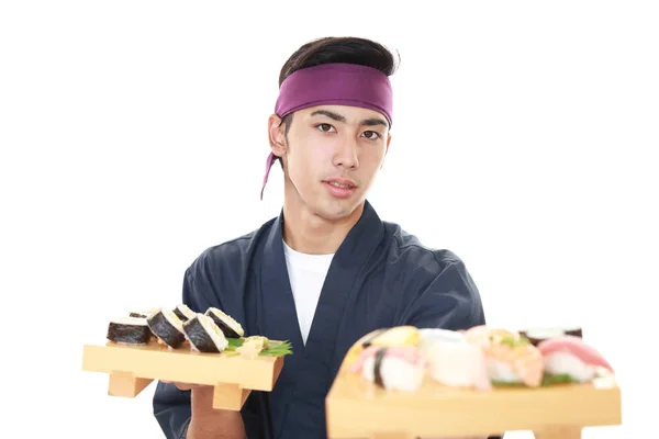 Sonriente Chef Japonés Aislado Sobre Fondo Blanco — Foto de Stock