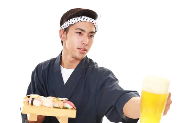 Sonriente Chef Japonés Aislado Sobre Fondo Blanco —  Fotos de Stock