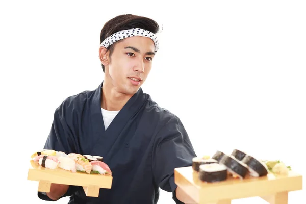 Sonriente Chef Japonés Aislado Sobre Fondo Blanco —  Fotos de Stock