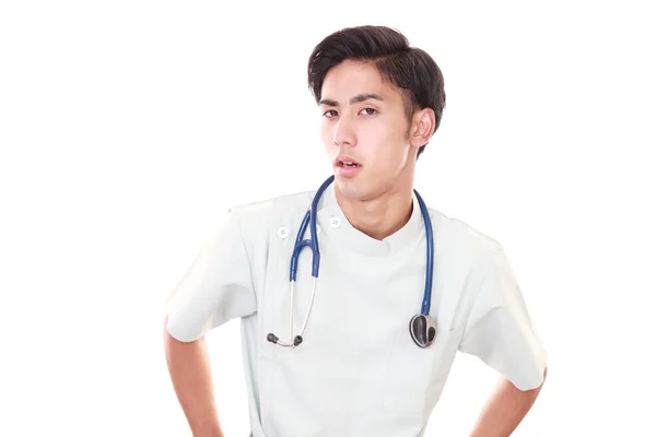Porträtt Överarbetad Och Trött Asiatiska Läkare — Stockfoto