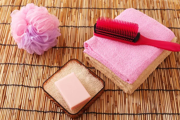 Productos Baño Ducha Una Estera Bambú — Foto de Stock