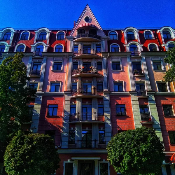 Green trees in the background of a tall house