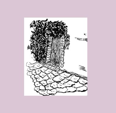 Evin duvarı ve Akdeniz köyündeki bitkilerle dolu kapı. El çizimi vektör mürekkebi çizimi