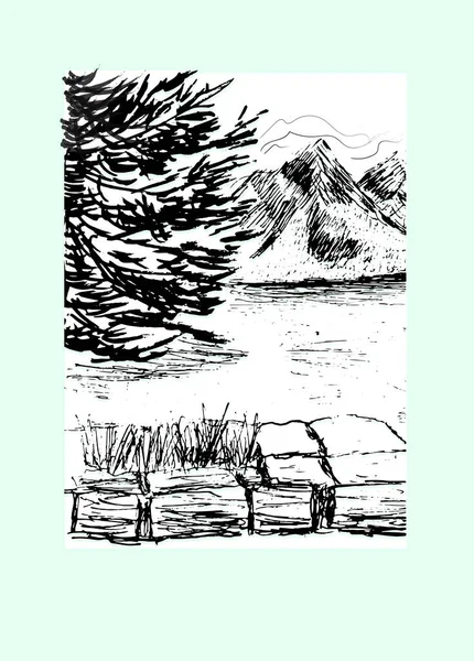 Montaña Del Lago Bosque Dibujo Tinta Dibujado Mano — Vector de stock
