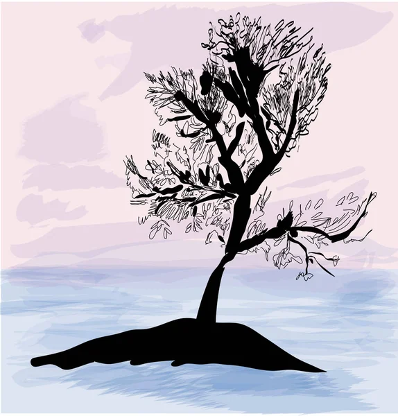 海の夕日や日の出を背景に木のシルエット 表紙イラストプリントポストカード 水墨画 — ストックベクタ