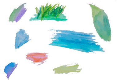 Suluboya lekeleri, lekeler, felçler, sıçramalar. Mavi, yeşil, kırmızı mor. Tasarım için vektörel resim duvar kağıdı yazdırma fırça oluşturma