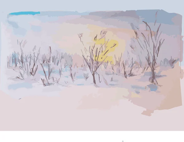 Зимний Солнечный Пейзаж Акварель Чернильный Набросок Ручной Рисунок Иллюстрация Открытке — стоковый вектор