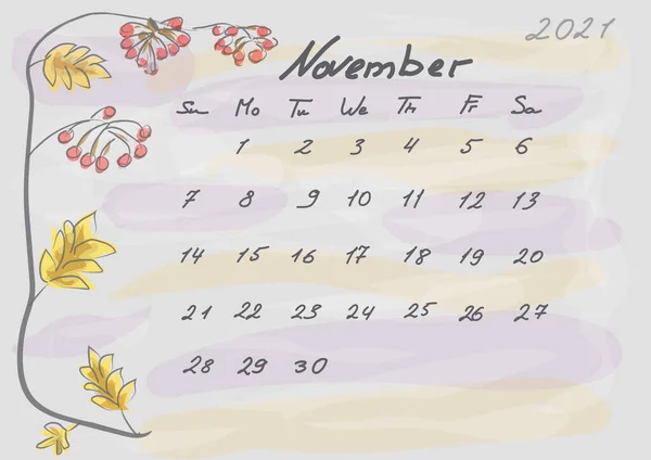 Kalendář 2021 Abstraktní Botanické Styl Akvarelu Neděle Začíná Ručně Psaná — Stockový vektor