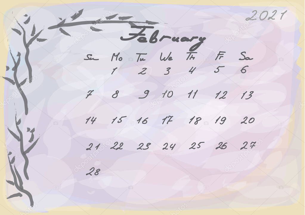 Calendar 2021. Abstact and botanical. Watercolor style. Sunday starts Handwritten numbers and letters.