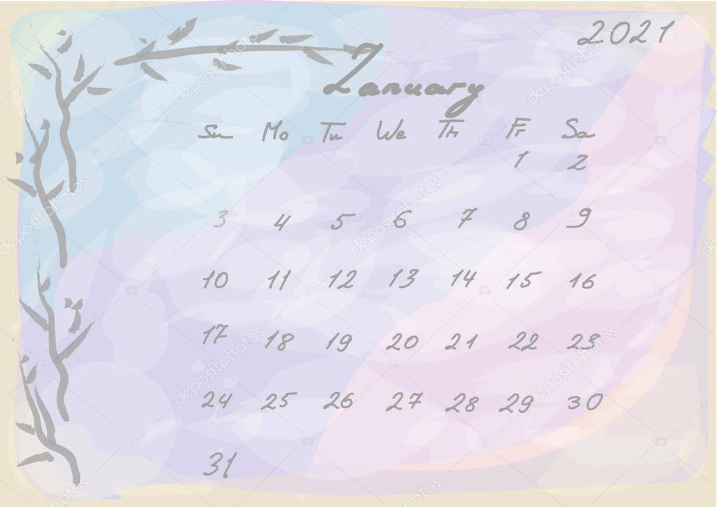 Calendar 2021. Abstact and botanical. Watercolor style. Sunday starts Handwritten numbers and letters.