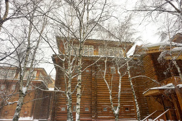 Kış Manzarası Ahşap Mimarisi Kar Ağaçlarda Ağaç — Stok fotoğraf