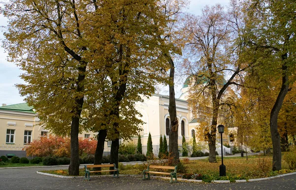 秋天的风景 黄色树叶中的树木 地面上覆盖着落叶 秋天在修道院 教堂圆顶 — 图库照片